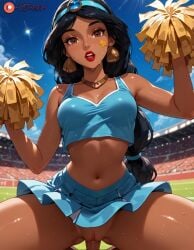 abs ai_generated ai_sluts aladdin_(1992_disney_film) aroused_expression black_hair blue_crop_top blue_headband blue_skirt blue_sky blush brown_eyes cheerleader cleavage cloudy_sky crop_top dark_skin daytime disney disney_princess earrings exposed_pussy female gold_earrings gold_necklace headband holding_pom_poms jasmine_(aladdin) jasmine_(disney) jewelry lipstick long_hair midriff miniskirt navel necklace nipple_slip nipples no_panties open_mouth pleated_skirt pom_poms ponytail pussy red_lips spread_legs squatting stadium star_pastie sweat sweatdrop toned_female tongue underboob upskirt v-neck wet_clothes