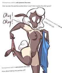 2018 anthro ask_blog black_body black_nipples blue_topwear breasts caprine cel_shading clothing dialogue digital_media_(artwork) female fluttershythekind hi_res hooves jewene_the_ewe looking_down mammal mostly_nude multicolored_body navel nipples on_one_leg panties panties_around_one_leg pink_bottomwear pussy shaded sheep simple_background solo standing striped_panties tan_body two_tone_body underwear underwear_around_one_leg undressing white_background white_body white_tail wool