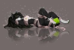 anthro breasts canine color female female_only fuckie fuckie_(character) fur furry green_nipples grin looking_at_viewer lying on_back piercing ribbons side_view solo wolf