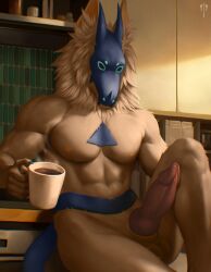 abs animal_genitalia anthro bedroom beverage canid canine clothing coffee colored container cup digital_media_(artwork) domestic erection genitals levsha male mammal mask morning morning_wood mug muscular nipples nude nude_male penis pose relaxing shaded sheath soft_shading solo topwear