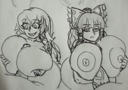 2boys 2girls areolae big_breasts big_penis breasts duo_female huge_breasts kaxta marisa_kirisame reimu_hakurei simple_background simple_drawing straight titjob touhou