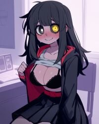 1girls absurd_res ai_generated bedroom belt belt_on_skirt black_bra black_eyes black_hair black_hoodie black_sclera black_skirt blush blush_lines bra drew_henderson embarrassed falsegate flashing heterochromia highres hood_down hoodie large_breasts lifted_shirt looking_at_viewer nervous nervous_smile non-binary oc oc_(falsegate) open_coat original original_character pleated_skirt red_belt red_hoodie scar scar_on_neck self_upload shirt_lift shirt_lifted_above_breasts sitting skirt smile solo stable_diffusion white_shirt yellow_eyes