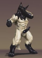 1boy 2012 4_toes abs anthro black black_penis brown_background canine canine_penis egg erection fur furry furry_only goo jackal knot latex male male_only muscles muscular nude paws penis rwolf standing symbiote testicles transformation wawik white_fur