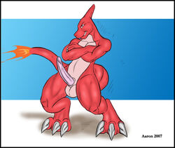 1boy 2007 aaron_(artist) anthro balls beige_skin charmeleon claws color crossed_arms dragon erection fangs fire front_view grin horns male male_only nintendo nude penis pokémon_(species) pokemon pokemon_rgby presenting red_eyes red_skin scalie sheath solo spread_legs spreading standing tail tail_fire