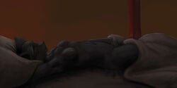 bed black feline feline female half_covered ipoke masturbation raised_arm reclining solo