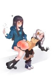 2girls absurdres ass ass_smack bent_over bent_over_knee black_hair blush breasts closed_mouth commission english_text exposed_ass female female_only femdom highres humiliation ichijou_michiru long_hair long_sleeves lying_on_lap mieruko-chan multiple_girls open_mouth over_the_knee panties panty_pull pixiv_commission pleated_skirt punishment ridu2 shirt skirt slapping spanked spanked_butt spanking tears thighhighs underwear yellow_eyes yotsuya_miko yuri