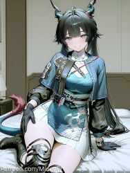 ai_generated aqua_eyes arknights arknights_endfield arm_support artist_name bed belt black_belt black_footwear black_gloves black_hair blue_dress blue_eyes blush boots breasts chen_qianyu_(arknights) chinese_clothes closed_mouth dragon_girl dragon_horns dragon_tail dress earrings female gloves green_hair hair_intakes horns id_card indoors jacket jewelry lap_pillow_invitation large_breasts layered_sleeves long_hair long_sleeves looking_at_viewer medium_breasts miniskirt mionety mole official_alternate_costume on_bed open_clothes open_jacket shirt short_dress short_sleeves sidelocks sitting skirt smile solo tail thighhighs thighs twintails very_long_hair white_dress white_skirt yokozuwari