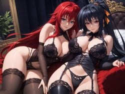 2girls ai_generated akeno_himejima antenna_hair bed bedroom big_ass_(female) big_breasts black_hair_female blush cleft_of_venus crimson_hair_female crossed_bangs curvy_females females_only hair_ribbon high_ponytail high_school_dxd huge_ahoge indoors large_breasts_lesbians lesbian_couple lesbians light-skinned_female lingerie loose_hair orange_ribbon pillow rias_gremory sky_blue_eyes smile thick_thighs very_long_hair_female very_long_ponytail violet_eyes voluptuous_female wedding_ring wide_hipped_female wife_and_wife yuri