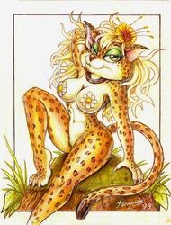 14-bis anthro breasts feline female female_only fernando_faria front_view jaguatirica nude orange_fur pose sitting solo spots tagme