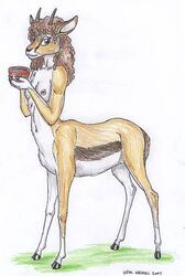 2004 antelope breasts drawn female gazelle horns looking_at_viewer nude opal_weasel pottery solo taur