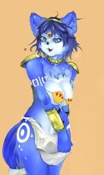 anthro blue blue_eyes blue_hair bracers breast_squish breasts canine chest_tuft clothes crossed_eyes cute_fang female fox fur furry hair hairband heart krystal loincloth markings short_hair sindoll skimpy solo standing star_fox tail tail_band tight_clothes underwear video_games