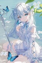 absurdres blue_butterfly blue_eyes blue_ribbon blush bug butterfly butterfly_on_hand closed_mouth cross-laced_clothes detached_sleeves dress female flower frilled_dress frills hair_ornament hair_ribbon haruhiruri highres holding holding_flower long_hair long_sleeves looking_at_viewer outdoors partially_submerged planted planted_sword ribbon sitting solo sword thigh_strap two_side_up wariza water weapon wet white_dress white_flower white_hair