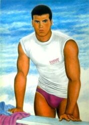 ben_kimura_(artist) male male_only gay yaoi original traditional_media muscular bulge 1boy solo speedo tan_skin tanline