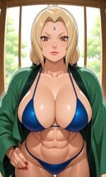 1girl abs ai_generated blonde_female blonde_hair blue_bikini breasts_bigger_than_head brown_eyes green_jacket inside looking_at_viewer naruto_(series) open_jacket painted_nails red_nails tsunade twintails