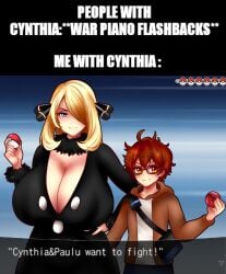 1boy 1girls age_difference ass_grab backpack big_ass big_breasts blonde_female blonde_hair boob_window boobs brown_eyes brown_hair chorquistudios clothed commission commission_art couple cynthia_(pokemon) dress duo fight game_freak glasses gray_eyes huge_breasts intimidating looking_at_viewer mature_female mature_male meme milf oc older_female_and_younger_male pokeball pokemon pokemon_bw pokemon_dppt size_difference standing standing_position text text_bubble the_pokemon_company