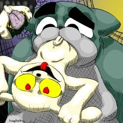 1:1 anal anthro average_penis balls_in_mouth bumpy_tongue duo eyebrows fat_belly felid feline female guillotina_(mewgenics) heart_eyes heart_symbol lagomorph leg_in_mouth leporid looking_pleasured male male/female mammal mewgenics oral rabbit red_tongue rimming secretly_loves_it sex swag_(swagbigbelly) swagbigbelly teeth thick_eyebrows tongue tongue_out vore yellow_teeth