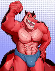 5_fingers abs anthro anthrofied bulge claws clothed clothing detailed_bulge devil_dinosaur dinosaur finger_claws fingers fist halftone halftone_background hand_on_hip hand_on_own_hip male male_focus male_only marvel muscular muscular_anthro muscular_male open_mouth pattern_background pecs prehistoric_species raised_fist raised_hand red_body reptile saurischian scalie sharp_teeth simple_background solo soonico teeth theropod underwear underwear_only