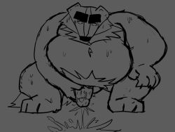 2026 anthro badger beastly_crimes beastly_crimes_(2024) belly bencomedion big_belly bodily_fluids chief_badger cum ejaculation genital_fluids hi_res male mammal mature_male moobs mustelid musteline overweight overweight_male solo standing