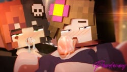 2girls 3d 3d_(artwork) black_hair blue_eyes blush brown_hair cum cum_in_mouth ellie_walls_(odysseyellie) flower_in_hair goth goth_girl green_eyes hair_ornament jenny_belle_(slipperyt) licking licking_penis mcyt minecraft minecraft_youtubers multicolored_hair paizuri paizuri_under_clothes penis phantomony red_hair twitter twitter_username youtube youtuber youtubers