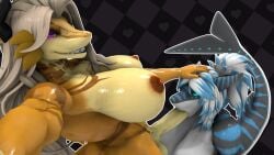 1futa 1girls alternate_universe anthro aquatic beat_banger big_breasts big_penis big_testicles blue_eyes breasts bunfan_games completely_nude duo electronics fellatio female fish futa_on_female futanari genitals glowing glowing_eyes gynomorph gynomorph/gynomorph half-closed_eyes hand_on_head hi_res holding_object holding_phone horn hybrid intersex intersex/intersex looking_at_viewer markings muscular mythological_creature mythological_scalie mythology narrowed_eyes nika_sharkeh nude nude_female nude_futa oral orianne_larone penile penis phone purple_eyes scalie sex shark smile standing tail toothy_grin wastedpines