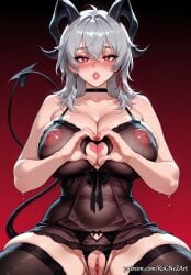 1girl 2026 ai_generated animal_tail anime babydoll bangs black_choker black_panties black_thighhighs blush boobs breasts choker cleavage collarbone covered_nipples crossover demon_girl demon_horns demon_tail earrings explicit exposed_nipples eye_contact female female_focus flushed gradient gradient_background grey_hair hair_between_eyes heart heart-shaped_pupils heart_hands highres horns huge_breasts jewelry large_breasts lingerie looking_at_viewer nipples nsfw panties parted_lips patreon pussy pussy_juice red_background red_eyes rognezart see-through solo spread_pussy sweat sweaty symbol-shaped_pupils tail thick_thighs thighhighs thighs uncensored underwear wuthering_waves zani_(wuthering_waves)