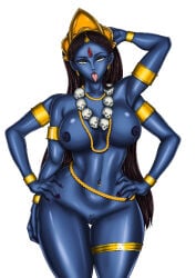 4arms black_hair black_nipples blue_body bossart333 curvy_figure garland goddess hands_on_waist hands_up handwear hindu_mythology hinduism huge_ass huge_breasts huge_butt immortal_zodd kali kali_ma_(hinduism) legwear long_hair naked naked_female ornaments pubic_hair sexy_pose skull skull_necklace standing tongue_out white_background