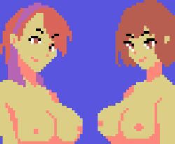 jezeargdraw atlus devil_survivor_(series) devil_survivor_1 devil_survivor_2 megami_tensei nitta_io tanigawa_yuzu cropped 2girls blue_background breasts brown_eyes brown_hair cropped_arms headband large_breasts multiple_girls pixel_art red_hair smile
