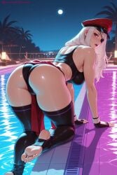 kiraamane ai_generated patreon seductive sexy uncensored watermark hi_res high_quality high_resolution juri_han street_fighter 1girl ass gloves fingerless_gloves night solo hat long_hair looking_back night_sky sky palm_tree feet barefoot toes looking_at_viewer toeless_legwear all_fours star_(sky) silver_hair city thighhighs lips moon poolside starry_sky toenail_polish purple_eyes large_breasts eyewear_on_head black_legwear breasts tree pool soles bare_shoulders black_gloves sunglasses cameltoe