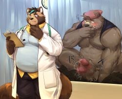 2021 absurd_res anthro balls belly big_belly blush bottomwear brown_body canid canine clothing cum detailed_background doctor erection genitals group hat headgear headwear hi_res inside kemono male male/male mammal medical_instrument overweight overweight_male pants penis raccoon_dog scientific_instrument sex stethoscope tanuki uken_l ursid