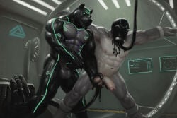 abs ankles_tied anthro areola balls bdsm bear beard biceps bondage bound bulge clothed clothing digital_media_(artwork) duo english_text erection facial_hair fingers foreskin fur genitals hair hand_on_balls hand_on_penis hands_tied hi_res holding_balls humanoid_genitalia humanoid_penis inside knot knotted_penis laboratory latex liquid_latex machine male male/male mammal mask muscular muscular_anthro muscular_male navel nipples nude object_in_ass object_insertion orcfun partially_retracted_foreskin pecs penis pubes rhinoceros robot smile spread_legs spreading text topless