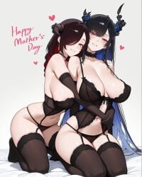 2girls ai_generated asymmetrical_horns black_hair blush blushing breasts choker cleavage colored_inner_hair earrings frills garter_belt garter_straps hair_over_one_eye heart hololive hololive_english horns hug kneeling large_breasts lingerie looking_at_viewer mamarissa mole mole_under_eye mother's_day mother_and_daughter multicolored_hair navel nerissa_ravencroft notreallyhere parted_lips smile text thighhighs underwear very_long_hair virtual_youtuber
