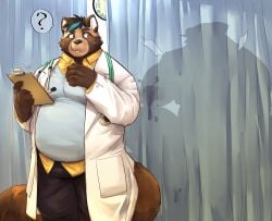 2021 absurd_res anthro bodily_fluids bottomwear brown_body canid canine clothing cum detailed_background doctor duo genital_fluids hi_res humanoid_hands inside kemono male mammal overweight overweight_male pants question_mark raccoon_dog shirt solo_focus tanuki topwear uken_l