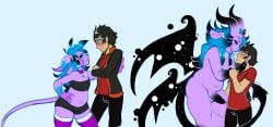 axelspike belly belly_overhang black_hair blue_eyes blush clothing clown clown_makeup collar cosmic_wings cupping_chin demon duo echo_(vexinglyyours) fangs floppy_ears genitals goat_ears gradient_penis hair hand_on_hip horn human humanoid legwear male male/male mammal multicolored_body multicolored_hair orange_eyes penis purple_body purple_skin slightly_chubby stockings tail teeth teratophilia tongue tongue_out topwear tube_top wings