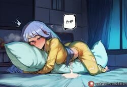 tillian ai_generated my_hero_academia boku_no_hero_academia nejire_hado hadou_nejire 1girl pajamas solo hugging_object pillow blush blue_eyes blue_hair long_hair masturbation cum indoors patreon_username bed window female_masturbation bedroom night on_bed breasts