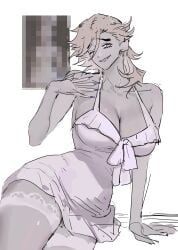 big_breasts blonde_hair cleavage colored_sketch demon_slayer douma female female_only genderswap_(mtf) grey_skin hourglass_figure kimetsu_no_yaiba lace-trimmed_thighhighs lingerie medium_hair nightgown one_eye_closed pale-skinned_female pale_skin rule_63 sitting smile solo thick_thighs thighhighs wide_hips wink