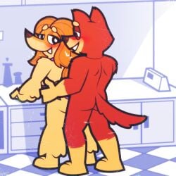 afghan_hound anthro apron australian_kelpie bluey_(series) butt canid canine canis clothing domestic_dog duo female from_behind_position fur grabbing_hips hair herding_dog hi_res hunting_dog indy_(bluey) kitchen long_hair looking_at_another looking_back ludo_studio male male/female mammal orange_body orange_fur pastoral_dog pbscddc penetration rear_view red_body rusty_(bluey) sex sheepdog sighthound standing standing_sex tail vaginal vaginal_penetration yellow_body yellow_fur