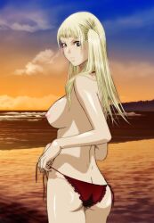 1girls ass beach bikini blonde_female blonde_hair booty breasts claymore dietrich_(claymore) female female_only fringe_hair long_hair looking_at_viewer looking_back nipples no_bra pale-skinned_female red_bikini_bottom red_panties solo topless twintails