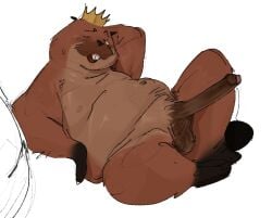 2026 anthro beaver belly big_belly big_penis blush crown disney erection genitals headgear hoppers king king_george_(hoppers) male mammal moobs nipples one_eye_closed overweight overweight_male penis pixar rodent royalty rscdinner solo wink