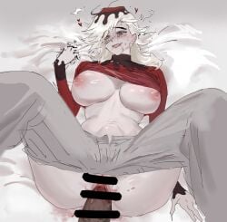1boy 1girls bar_censor big_breasts blonde_hair blood blood_on_face blush breasts_out demon_girl demon_slayer douma fangs female female_focus genderswap_(mtf) hakama kimetsu_no_yaiba long_hair male male_pov no_bra on_back on_bed pale-skinned_female pale_skin penis platinum_blonde_hair pussy rule_63 shirt_up smile solo_focus spread_legs stomach_bulge turtleneck vaginal_penetration virgin virginal_blood