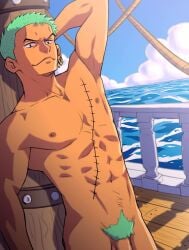 risk_nation one_piece pre-timeskip nude nude_male naked naked_male completely_nude completely_naked public_nudity casual_nudity looking_at_viewer smirk frown frowning frowning_at_viewer sea ocean waves sky ship_deck hand_behind_head roronoa_zoro bara barazoku bara_tits bara_tiddies 1boy male male_only manly masculine_male gay yaoi solo_focus solo male_focus solo_male muscular muscular_male muscles pubic_hair hunk beefy tough_guy bigger_male larger_male tall_male taller_male broad_shoulders scar scar_on_chest green_hair green_pubic_hair earrings japanese_male pirate penis flaccid normal_penis exibitionism abs