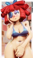 1girls 3d_(artwork) areolae bikini_top_only blush bottomless bottomless_female bow button_belly_button button_eye doll_girl dorfloor3 eyeshadow glitch_productions gooseworx hand_covering_pussy hand_on_face isadoethewomp ragatha ragatha_(dorfloor3) ragatha_(tadc) ragatha_(the_amazing_digital_circus) ragdoll red-haired_female red_hair solo_female stitches stitches_on_face tagme the_amazing_digital_circus