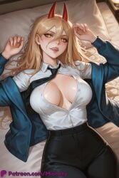 power_(chainsaw_man) chainsaw_man 1girl breasts horns sharp_teeth necktie teeth solo red_horns shirt pants lying on_back jacket black_pants long_hair blonde_hair hair_between_eyes white_shirt looking_at_viewer cross-shaped_pupils black_necktie collared_shirt open_clothes patreon_username yellow_eyes large_breasts artist_name blue_jacket open_shirt symbol-shaped_pupils pillow open_mouth on_bed patreon_logo open_jacket shirt_tucked_in long_sleeves demon_horns web_address partially_unbuttoned blush high-waist_pants dress_shirt parted_lips no_bra bed breasts_apart twitter_username lips smile fangs cleavage hands_up formal demon_girl suit indoors medium_breasts bed_sheet eyelashes off_shoulder from_above cowboy_shot mionety ai_generated