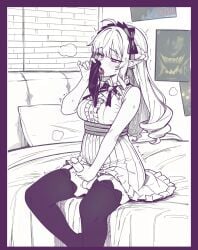 1girl ahoge blush bow bowtie breasts caffichai center_frills drill_hair erection frills futanari gem hairband half-closed_eyes halftone halftone_outline highres holding long_hair masturbation open_mouth outline panties penis pointy_ears purple_bow purple_bowtie purple_gem purple_hairband red_eyes shirt smelling smelling_clothes smelling_underwear solo underwear vivian_banshee zenless_zone_zero