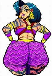 acat_(maya_and_the_three) ai_generated ass ass_focus big_ass black_hair brown_skin deity earrings face_makeup goddess hands_on_hips jewelry latina latina_female looking_back_at_viewer low_angle_view maya_and_the_three netflix netflix_character novelai phat_ass skirt smirking smirking_at_viewer tattooed_female villainess
