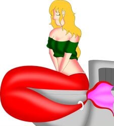 blonde_female blonde_hair breasts female green_top mermaid mermaid_tail original sitting sitting_on_toilet spector tagme tail toilet toilet_use velicia_(spector)