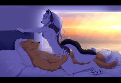 abs anthro areola bed beozar beozar_(character) biceps breasts canid canid_demon canine canis demon digital_media_(artwork) duo erection fangs feet female female_penetrated fingers from_front_position fur furniture hair half-closed_eyes hellaverse hellhound helluva_boss hi_res loona_(helluva_boss) lying male male/female male_penetrating male_penetrating_female mammal muscular muscular_anthro muscular_male mythological_canine mythological_creature mythology narrowed_eyes nipples nude on_back on_bed pecs penetration penile penile_penetration pillow red_sclera sex sky smile sunset tail teeth toes vaginal vaginal_penetration water white_body white_fur window wolf