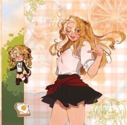 1futa 1girl balls black_shoes black_skirt black_sleeves blonde_hair blush borrowed_character bread bread_slice chibi chibi_inset clothes_around_waist collared_shirt covered_nipples double_v english_commentary food foreskin fried_egg fried_egg_on_toast futanari green_eyes grid_background hair_bobbles hair_ornament hair_ribbon heart highres holding holding_ball index_finger_raised j2citrus looking_at_viewer one_eye_closed open_mouth original penis penis_out pleated_skirt red_ribbon red_shirt ribbon shirt shirt_around_waist shoes skirt small_penis socks star_(symbol) teeth testicles toast twintails v volleyball wet wet_clothes wet_shirt white_shirt white_socks zoom_layer