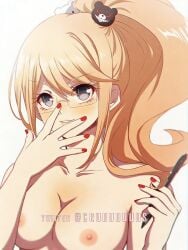 1girl alternative_hairstyle animal_hair_ornament bare_chest bear_hair_ornament bespectacled blonde_hair breasts busty clavicle cleavage criis-chan cruuuuuuus danganronpa danganronpa:_trigger_happy_havoc danganronpa_(series) enoshima_junko eyewear female female_focus female_only fingernails glasses grey_eyes hair_ornament hand_to_own_mouth hand_up high_resolution holding holding_object holding_pen junko_enoshima large_breasts large_filesize long_hair looking_at_viewer nail_polish nipples nude nude_female nude_filter parted_lips pen ponytail red_nails simple_background smile solo solo_focus third-party_edit tied_hair topless topless_female twitter_username upper_body username white_background