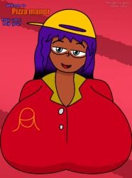 clone female original original_character oc employee_uniform employee talking_to_viewer talking yellow_cap cap backwards_cap breasts tits huge_breasts big_breasts large_breasts hyper_breasts breasts_focus red_shirt red_uniform fang buttons blue_eyes purple_hair glasses huge_tits big_tits large_tits hyper_tits dark_skin dark-skinned_female