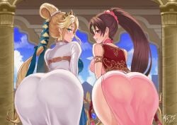 nyna_(fire_emblem) linde_(fire_emblem) ass ass_focus fire_emblem fire_emblem:_shadow_dragon_and_the_blade_of_light fire_emblem:_shadow_dragon fire_emblem:_mystery_of_the_emblem fire_emblem:_new_mystery_of_the_emblem fire_emblem:_archanea_saga blonde_hair brown_hair circlet tiara bubble_butt brown_eyes blue_eyes light_blue_hair commissioner_upload commission revolverwingstudios fat_ass palace castle sky blue_sky pillar gate 2girls back_view sideboob long_hair hair_ornament neck_ribbon bow presenting presenting_ass hair_tie city_background ponytail hair_tied thick_butt hi_res highres high_resolution very_long_hair princess royalty thick_thighs thick_ass sticking_ass_out bent_over female huge_ass large_breasts multiple_girls magic_user white_dress pink_robe pink_dress imminent_sex ass_visible_through_clothes clothed partially_clothed partially_nude partially_naked exposed_shoulders textless textless_version